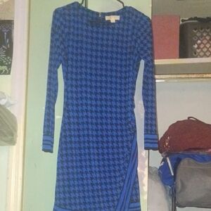 MICHAEL Michael Kors Royal Blue and Black Houndstooth Long-Sleeve Dress